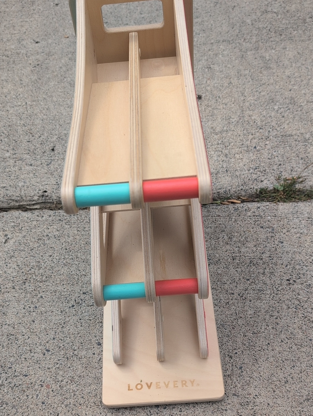 Lovevery Wooden Run Racer Ramp - Natural with Red & Teal Accents